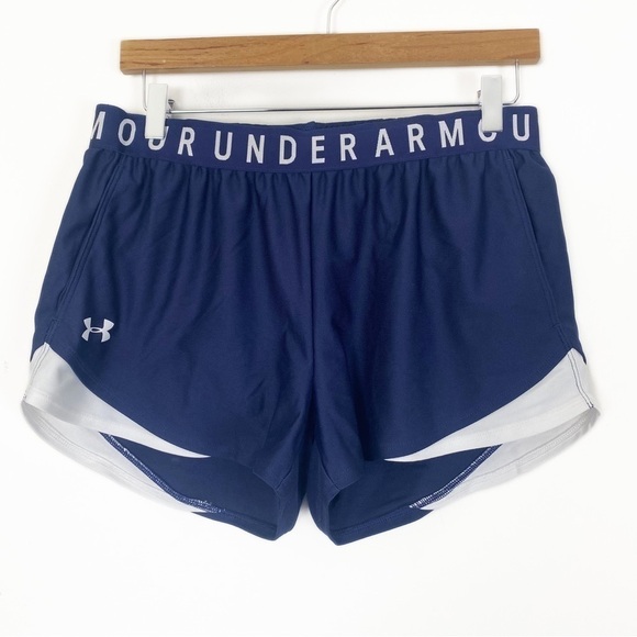 UA UNDER ARMOUR Women’s Play Up 3.0 Shorts Medium Navy White Athletic Workout - Picture 2 of 5